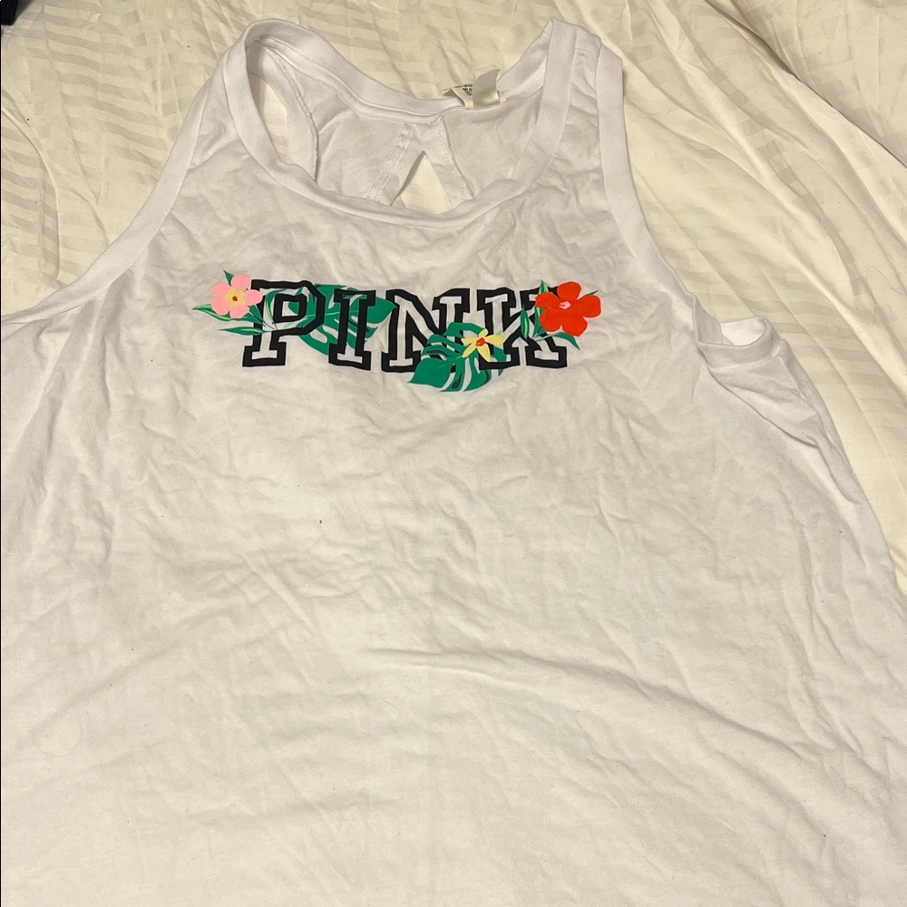 PINK Victoria's Secret White Tank with Floral Design